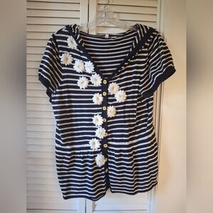 Moth Navy and White Striped Daisy Button Down Shirt